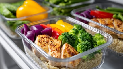 Close up overhead arrangement of colorful healthy meal prep containers with balanced chicken quinoa and vegetable dishes