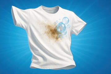 A white shirt with blue bubbles on it. The shirt is dirty and has a stain on it