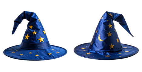 Classic Pointed Wizard Hat with Moon and Star Motif – Transparent PNG
