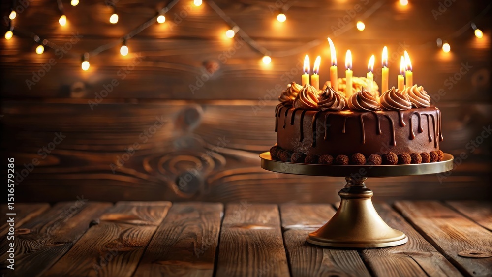 Poster a decadent chocolate cake with lit candles rests on a golden cake stand, illuminated by soft warm li