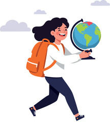 Fototapeta premium Girl Student Holding Globe Walking with Backpack Educational Travel Concept Vector Illustration 