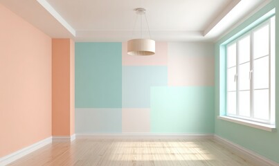 empty bedroom area with pastel-toned walls divided into geometric blocks (peach, mint, sky blue), soft daylight from side window, minimalist ceiling light