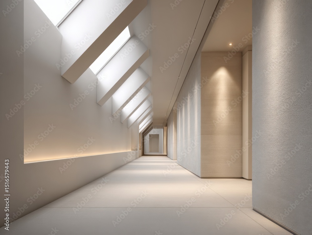 Poster empty gallery-style hallway with long diagonal shadows from skylights, creamy matte walls with subtl