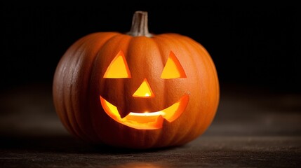 Obraz premium Closeup of carved Halloween pumpkin with glowing candle inside in a dark setting