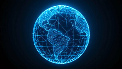 Digital world representation with glowing network connections in shades of blue against a dark background