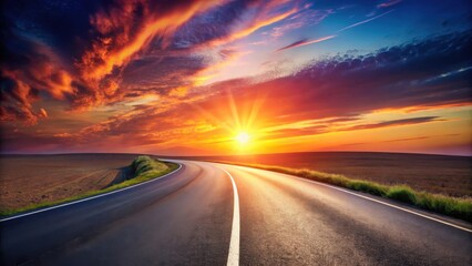 Fototapeta premium Asphalt road curving gently through a picturesque landscape under a vibrant sunset sky, showcasing a breathtaking display of fiery clouds and radiant sunbeams.