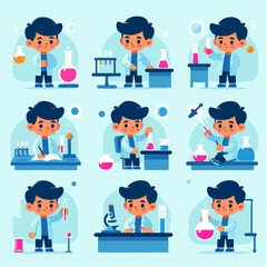 Flat vector of a kid doing a science experiment, minimalist lab setting, bright colors