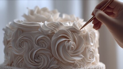 Elegant white cake decoration with intricate rose designs being crafted using a fine tool in soft natural light setting for dessert photography