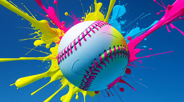 Vibrant Baseball Covered in Colorful Paint Splatter - Powered by Adobe
