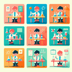 Flat vector of a kid doing a science experiment, minimalist lab setting, bright colors