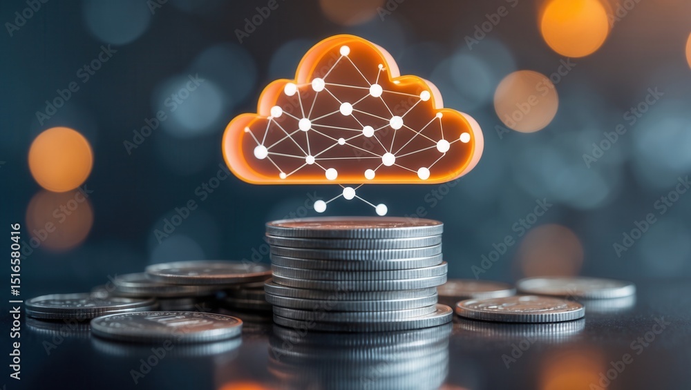 Poster cloud computing concept with glowing network icon above stacked coins on blurred background