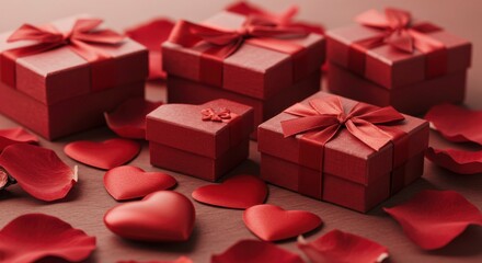 Red gift boxes with satin ribbons, scattered rose petals and hearts, creating a romantic Valentine's Day scene