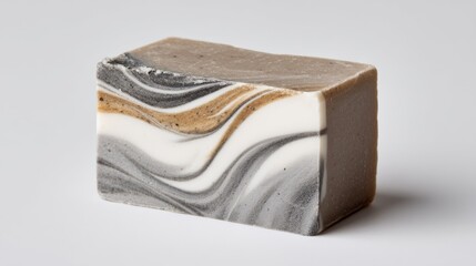 Handmade artisan soap bars with natural clay and charcoal swirls on white background