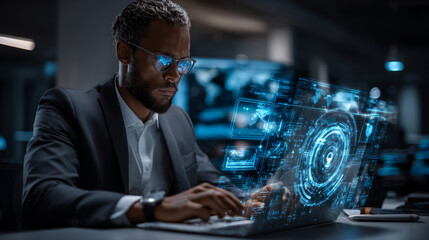 Data Privacy. Businessman touching data privacy principles, lawfulness and transparency, data minimization strategies, accuracy and integrity, storage limitation policies, and accountability measures.