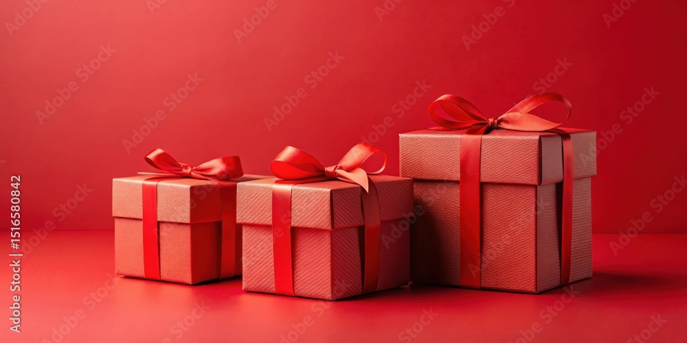 Poster three red gift boxes with red ribbons on red background a festive presentation