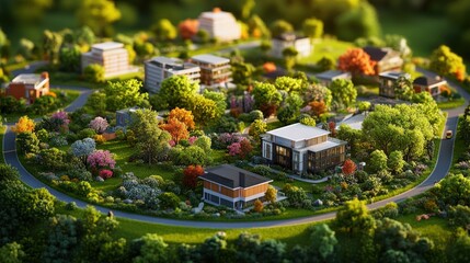 Obraz premium Vibrant residential neighborhood with lush greenery colorful trees modern houses and winding roads