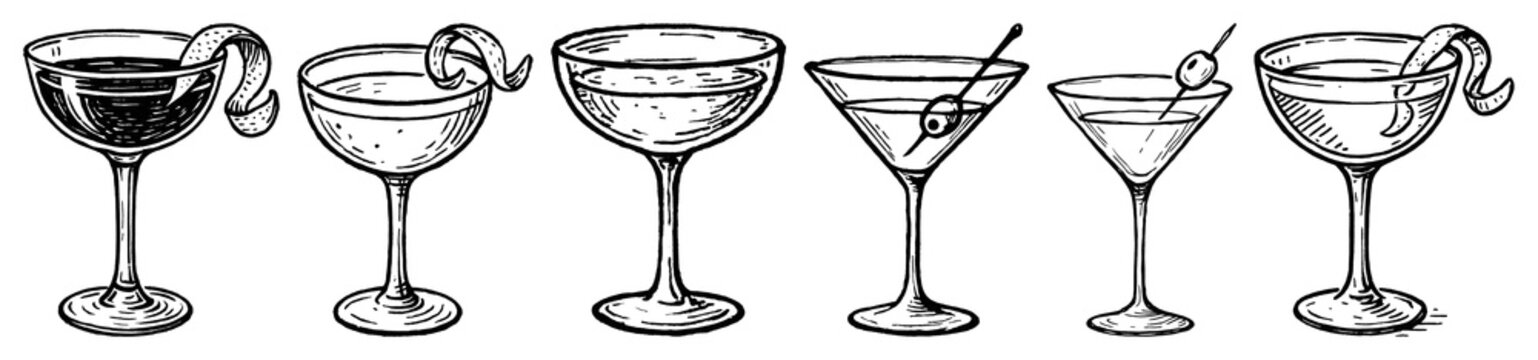 PNG Vintage cocktail glass illustrations, element set on transparent background