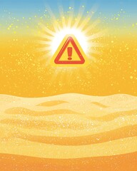 A warning sign symbolizing extreme heat in a sunlit desert landscape, highlighting environmental awareness and climate change.