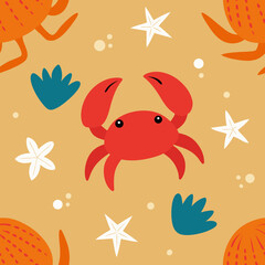 seamless crab and starfish pattern   sandy creatur