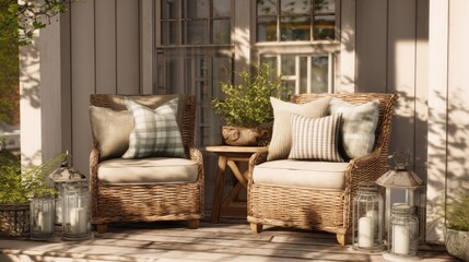 farmhouse chic porch, wicker armchairs, throw pillows, mason jar lanterns, cozy country atmosphere 