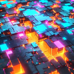 A broken digital surface with blocks of misaligned pixels glowing in electric orange, blue, and pink 
