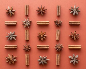flat lay of assorted whole spices (star anise, cinnamon sticks, cloves) arranged in symmetrical repeating pattern over deep terracotta backdrop 