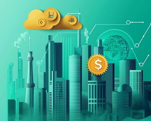 Fototapeta premium Modern city skyline with digital elements representing finance and technology integration for urban development.