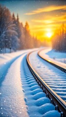 Winter sunset snow covered railroad tracks scenic