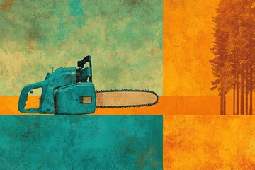 Fototapeta premium Chainsaw resting on a colorful background with silhouettes of trees at sunset
