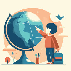 Minimalist flat vector of a child pointing at a globe, symbolizing world education