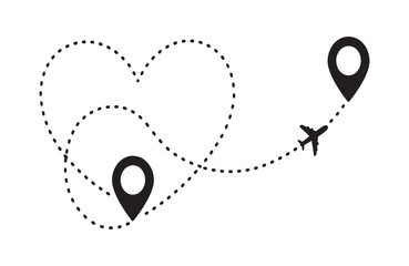 Heart-Shaped Travel Route Airplane Journey, Romantic Getaway, Love Trip, Destination Map