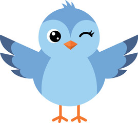 Cute blue bird cartoon winking with spread wings vector illustration design