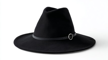 Realistic Black Velvet Witch Hat with Silver Crescent Moon Buckle on Plain White Background