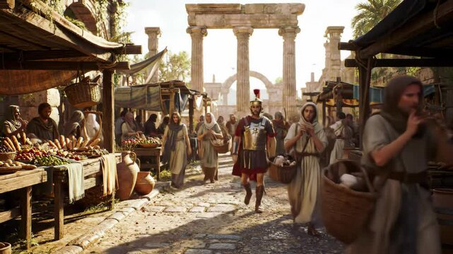 ancient roman marketplace scene with soldiers and merchants in bustling trade center during a vibrant historical afternoon setting.ai generative technology