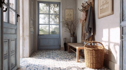 french provence entryway, patterned floor tiles, antique coat rack, wicker basket, natural light, countryside feel 