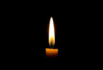 A single flickering candle flame, stark against a pure black background, simple, still life
