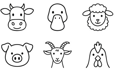 Minimal Farm Animal Outline Icons – Cow, Pig, Hen, Sheep, Goat, Goose in Hand Drawn Line Art Style