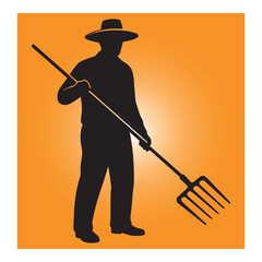 Silhouette of a farmer holding pitchfork against an orange background illustrative design