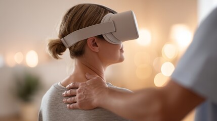 Therapist gently guiding a patient wearing virtual reality headset through immersive relaxation exercise session