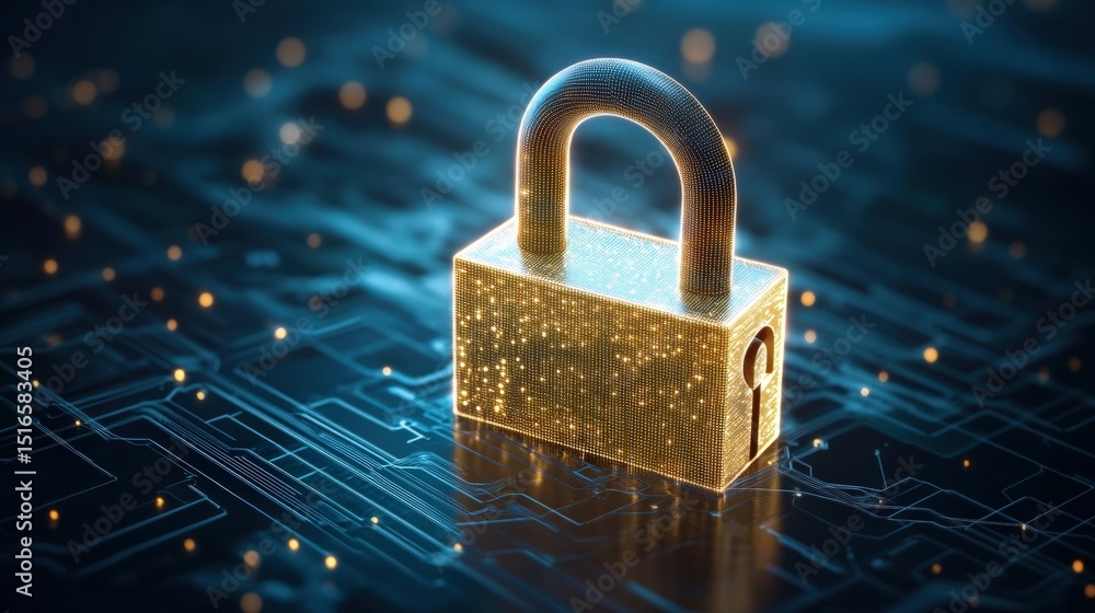Poster digital security concept featu a gold padlock floating over a glowing circuit board background symbo