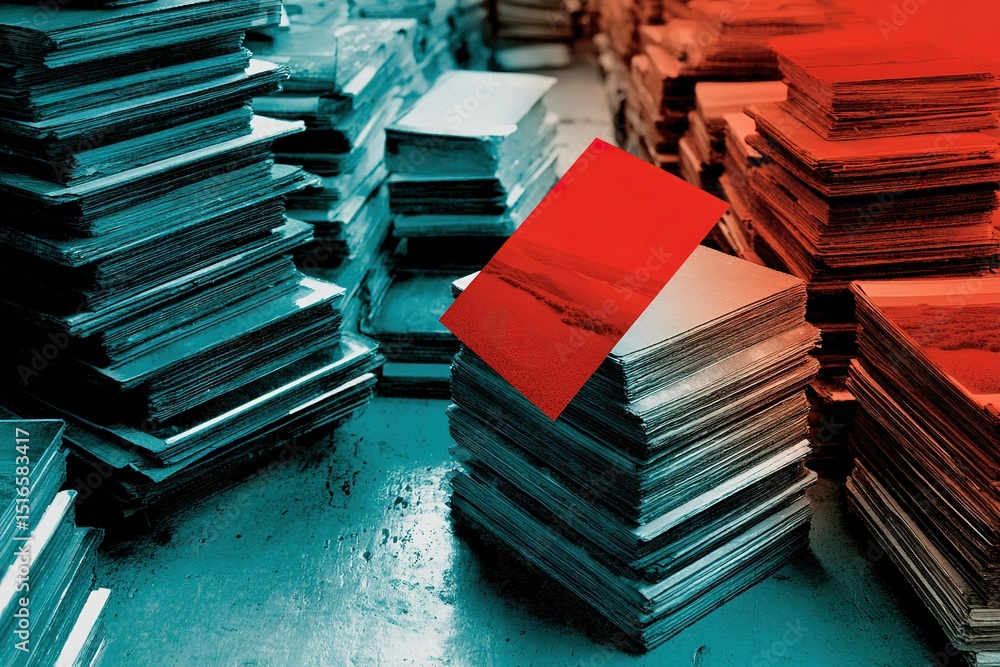 Aufkleber stacks of paper creating a vibrant contrast in a creative workspace with colorful lighting effects