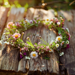 Wildflower wreath on rustic wooden surface in soft sunlight