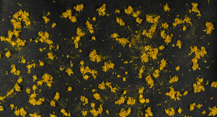 Texture on a black background with natural yellow flowers in the foreground