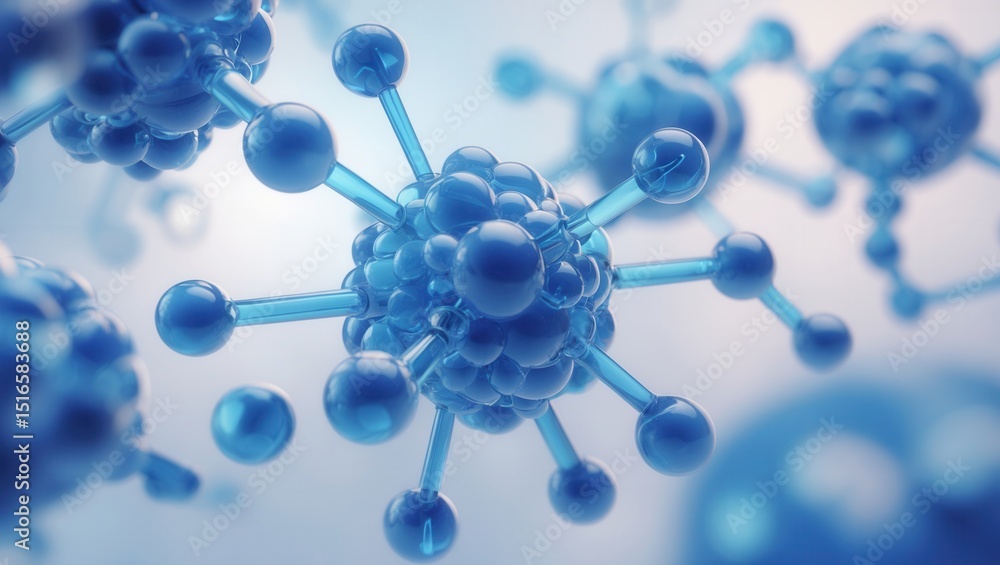 Poster abstract illustration of blue molecular structures on a soft gradient background