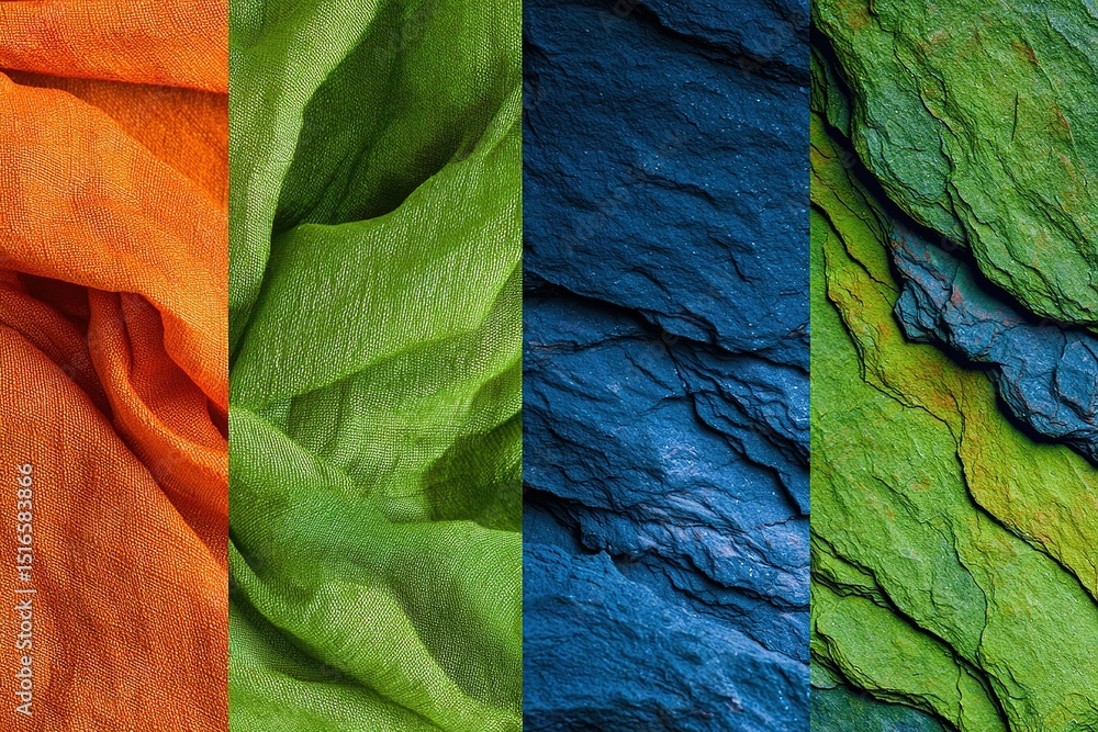 Poster textures of fabric and stone display vibrant colors arranged in parallel lines with orange, green, b