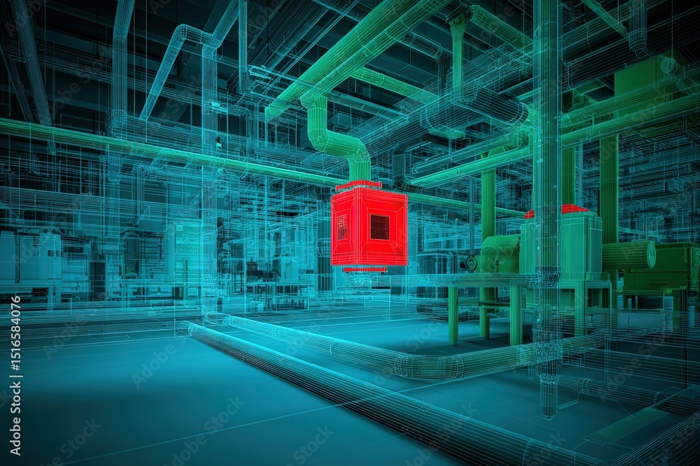 Poster virtual 3d model of industrial piping system with highlighted components in vivid colors