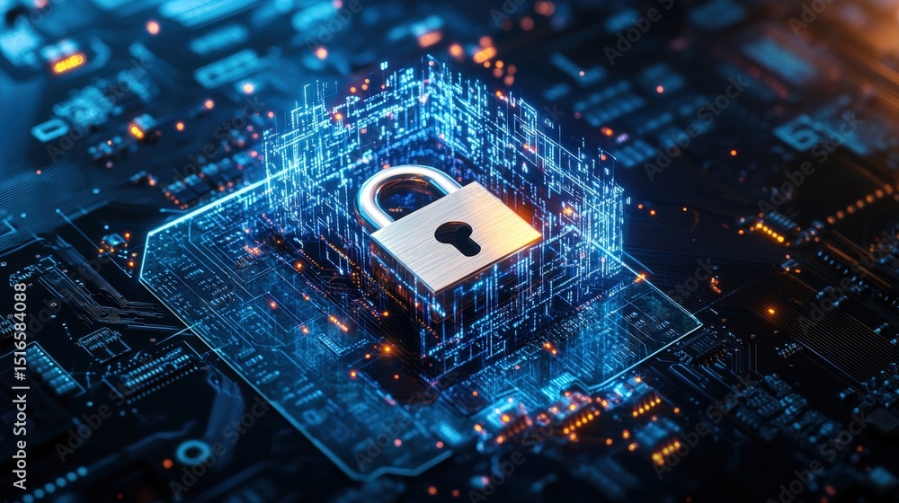 Poster high tech digital security concept with bright lock symbol over modern circuit board background