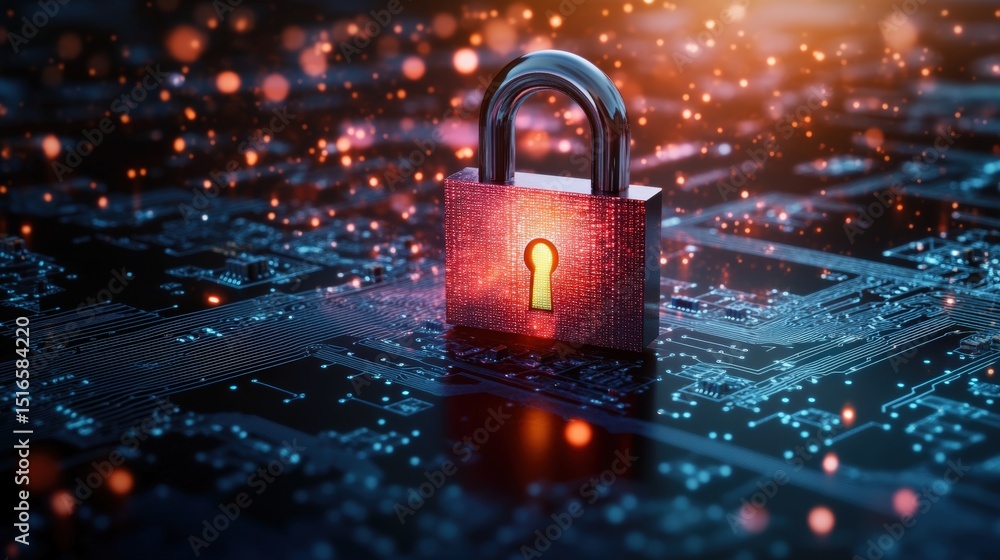 Poster close-up of red padlock on digital circuit board symbolizing cybersecurity and data protection conce