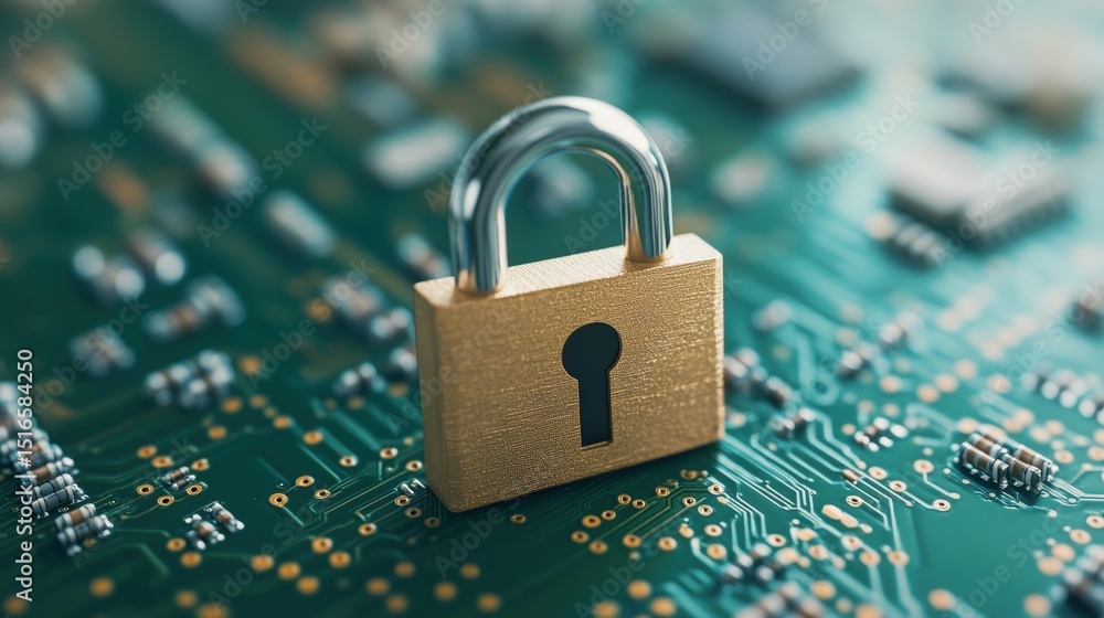 Poster close-up of a golden padlock resting on a green circuit board symbolizing cybersecurity and data pro