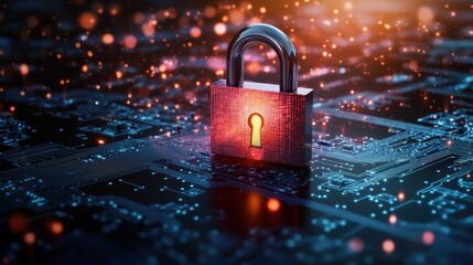Close-up of red padlock on digital circuit board symbolizing cybersecurity and data protection concept